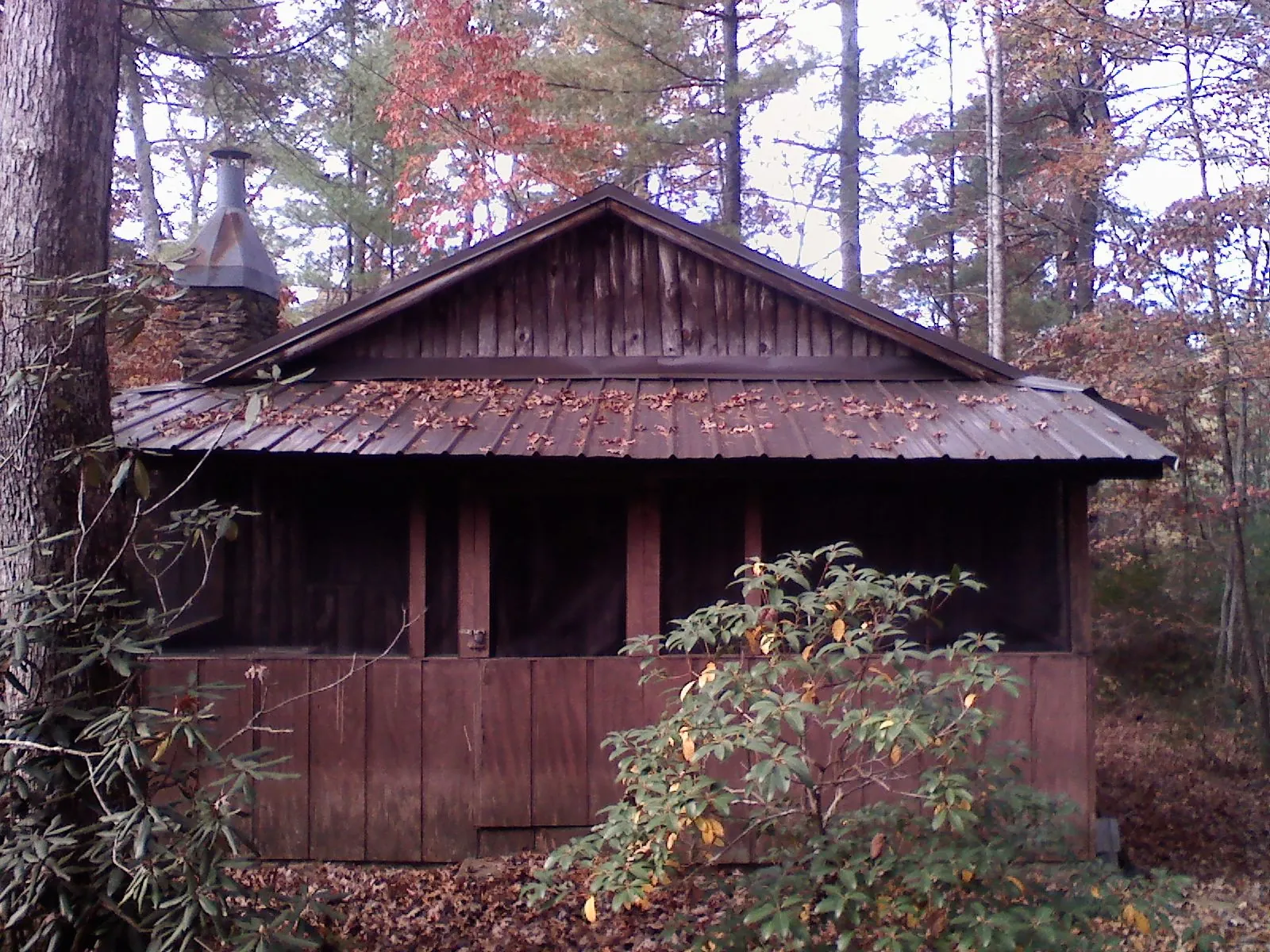 Metal roof over the screened porch of a rustic cabin in Cheshire